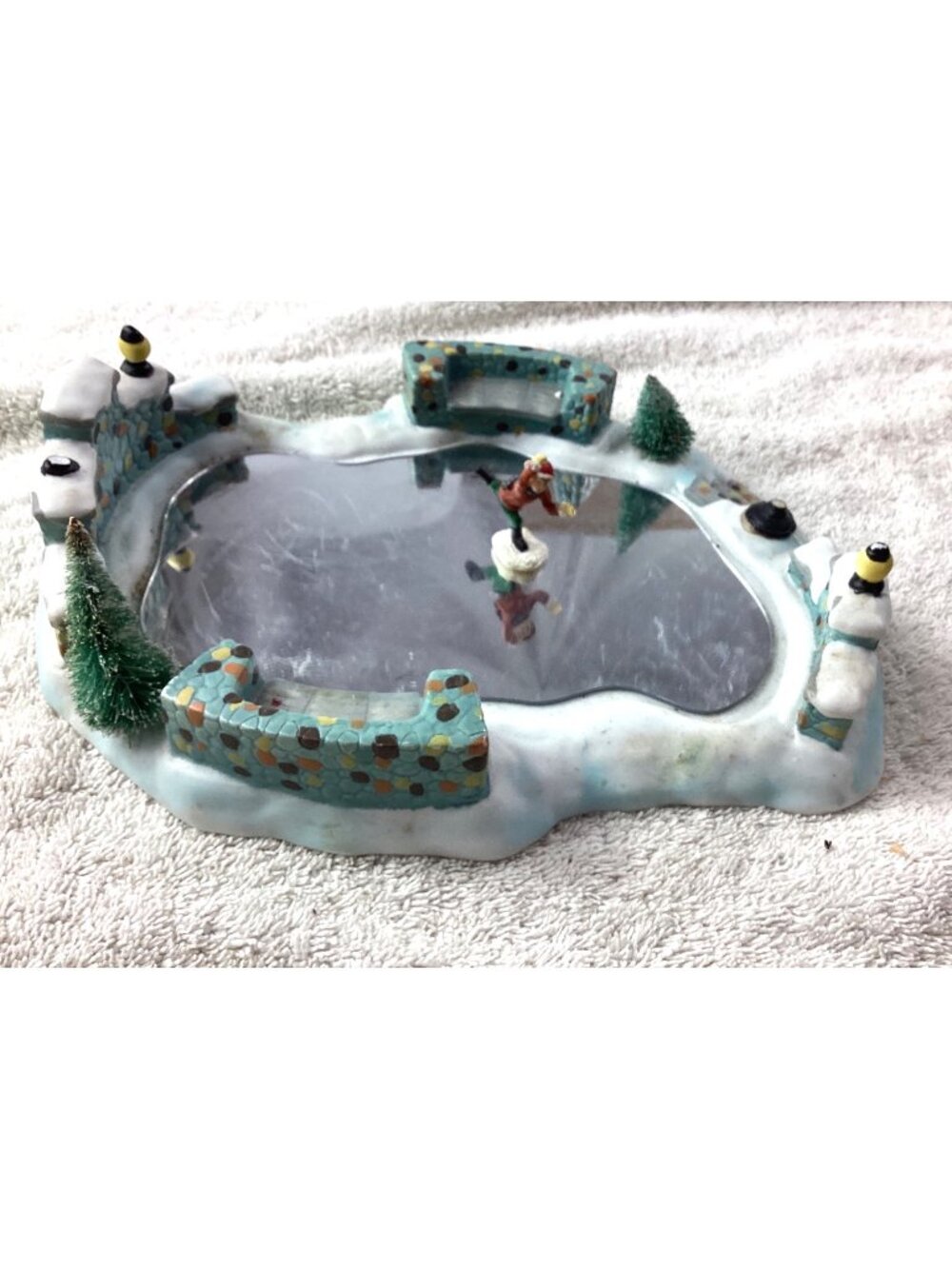 Miniature Ice Skating Pond Figurine With Trees & Snowman - Winter Village Decora